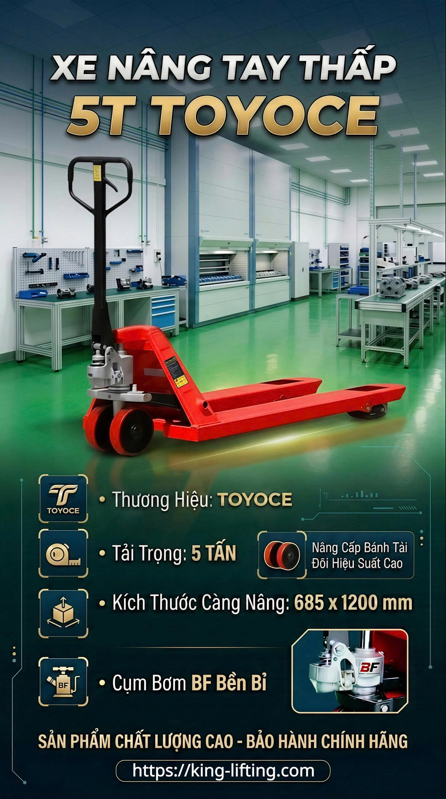 Xe nâng tay bánh PU tải trọng 5000 kg